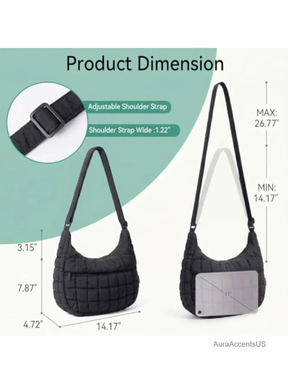 Nylon Quilted Puffer Hobo Crossbody Bag for Women - Adjustable Strap Shoulder